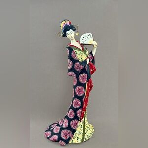 Vintage Asian Geisha Figurine Hand-Painted Resin Statue Fabric Kimono Overlay
